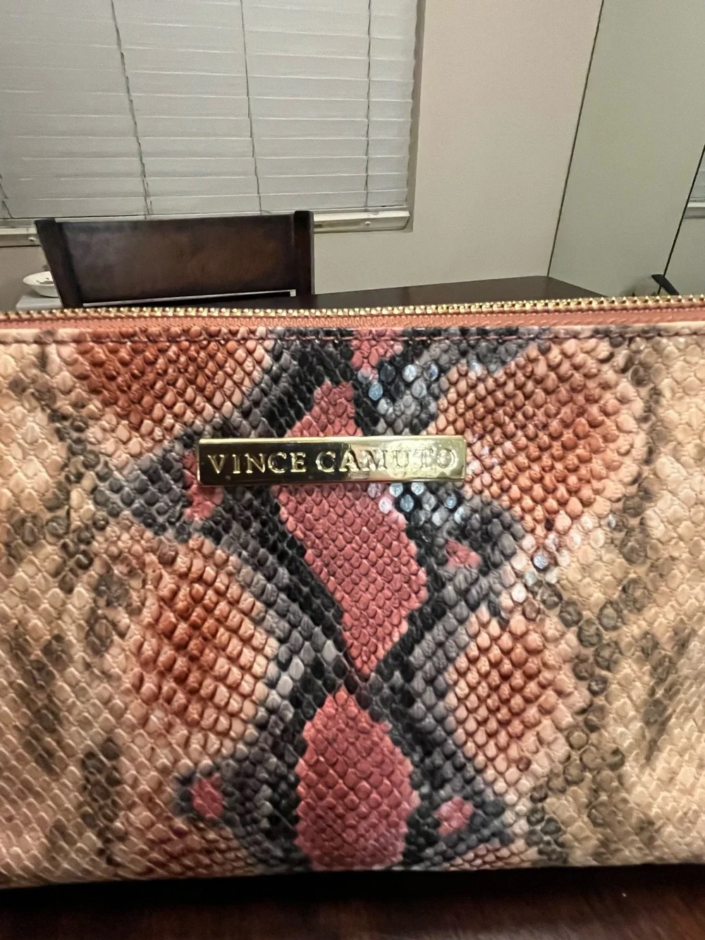 Vince Camuto Pink and Beige Snake-Print Cosmetic Pouch with Gold Hardware